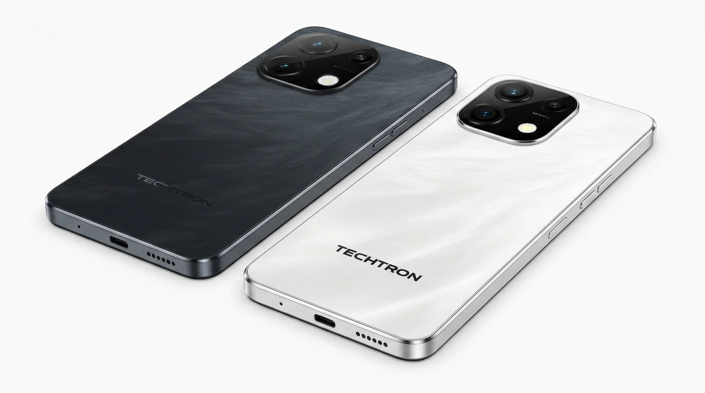 future tech gadgets Canada. smart tech store Canada. Techtron Note 100A 256GB Smart Phone. Gallery image 6. Lines name one specific SKU—never substitute a generic lookalike from the category. After review passes, each render should still read as a fresh studio viewpoint of that same physical unit.