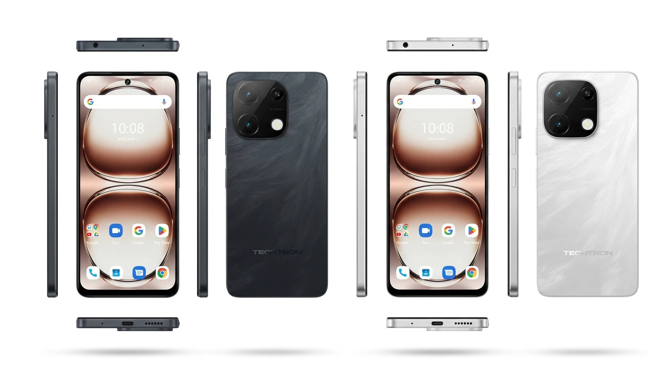 future tech gadgets Canada. smart tech store Canada. Techtron Note 100A 256GB Smart Phone. Gallery image 10. Lines name one specific SKU—never substitute a generic lookalike from the category. After review passes, each render should still read as a fresh studio viewpoint of that same physical unit.