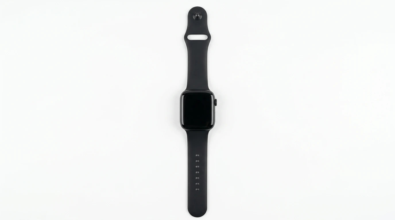 smart tech store Canada. premium tech accessories Canada. Techtron SWH18 (T52 / T67) Smart Watch. Gallery image 4. A black smartwatch is centered in the frame, lying flat against a seamless white background. The watch features a glossy square face with a dark screen, and a smooth, matte black silicone strap that extends on either side. On the right side of the watch, a small round button is visible, and the strap has several adjustment holes.