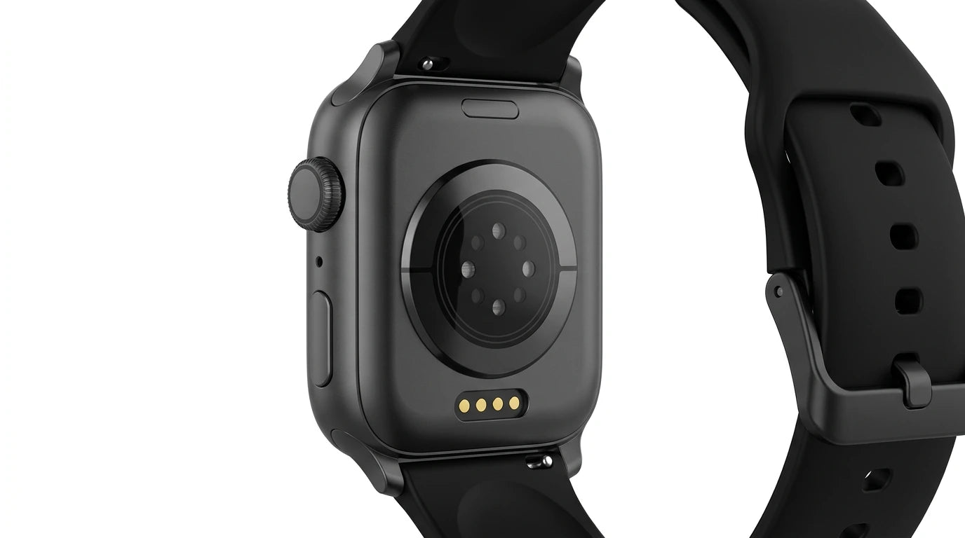 smart tech store Canada. premium tech accessories Canada. Techtron SWH18 (T52 / T67) Smart Watch. Gallery image 6. The image shows a black smartwatch viewed from a side angle, highlighting its back. The device features a smooth, rounded body with a glossy finish. A circular sensor area with multiple small dots is visible in the center, surrounded by a slightly raised ring. Below this, three gold charging pins are positioned horizontally.