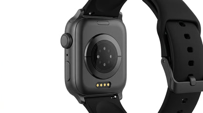 smart tech store Canada. premium tech accessories Canada. Techtron SWH18 (T52 / T67) Smart Watch. Gallery image 6. The image shows a black smartwatch viewed from a side angle, highlighting its back. The device features a smooth, rounded body with a glossy finish. A circular sensor area with multiple small dots is visible in the center, surrounded by a slightly raised ring. Below this, three gold charging pins are positioned horizontally.