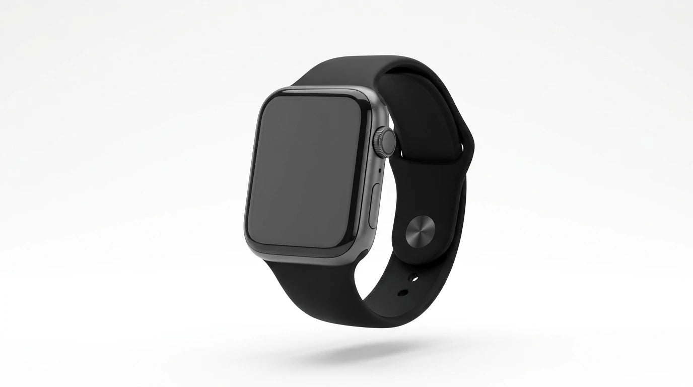 smart tech store Canada. premium tech accessories Canada. Techtron SWH18 (T52 / T67) Smart Watch. Gallery image 7. A sleek smartwatch is centered in the frame, slightly angled to showcase its side profile. The watch features a glossy black screen and a matte black silicone strap that appears smooth and flexible. A silver button is visible on the right side, along with a circular sensor on the back. The background is a seamless white, enhancing the watch's modern design.