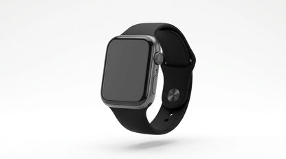 smart tech store Canada. premium tech accessories Canada. Techtron SWH18 (T52 / T67) Smart Watch. Gallery image 7. A sleek smartwatch is centered in the frame, slightly angled to showcase its side profile. The watch features a glossy black screen and a matte black silicone strap that appears smooth and flexible. A silver button is visible on the right side, along with a circular sensor on the back. The background is a seamless white, enhancing the watch's modern design.