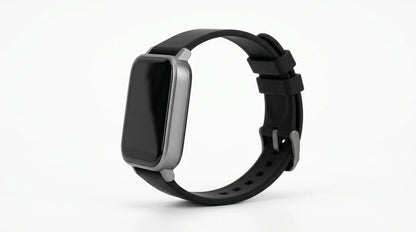 smart tech store Canada. premium tech accessories Canada. Techtron SWH18 (T52 / T67) Smart Watch. Gallery image 8. The smartwatch is positioned at a slight angle, showcasing its rectangular face and black silicone strap. The body features a sleek silver trim around the screen, which is currently dark and unlit. The background is a seamless white, emphasizing the watch's design. The strap has multiple holes for adjustment, and a metal buckle secures it in place.