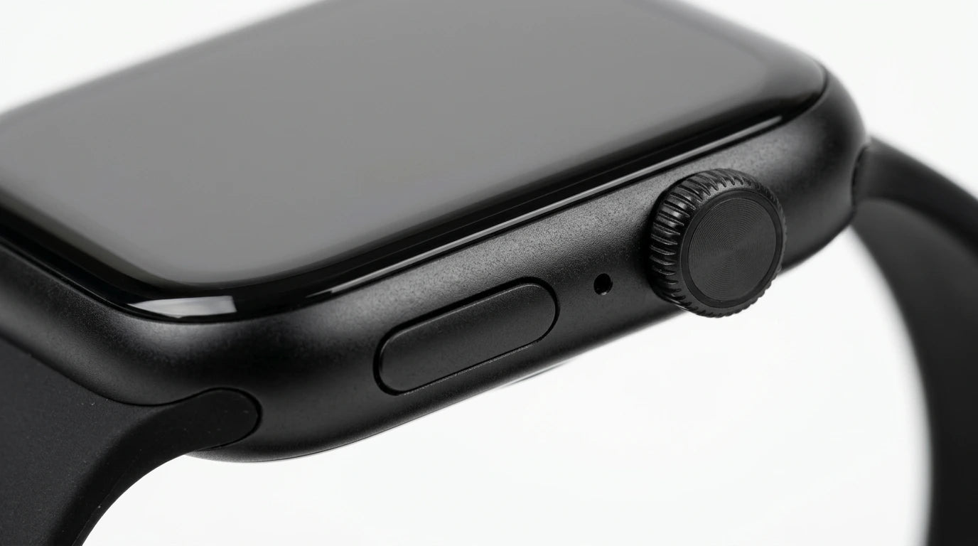 smart tech store Canada. premium tech accessories Canada. Techtron SWH18 (T52 / T67) Smart Watch. Gallery image 9. The image shows a close-up view of a black smartwatch, angled slightly to the right. The watch features a smooth, glossy screen with a minimal bezel, and a round, textured crown on the right side for navigation. Below the crown, there is a rectangular button and a small microphone hole. The watch band is made of a matte black material, seamlessly connecting to the watch body.