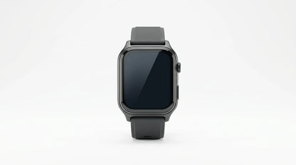 smart tech store Canada. premium tech accessories Canada. Techtron SWH18 (T52 / T67) Smart Watch. Gallery image 10. The smartwatch is centered in the frame, facing forward against a seamless white background. Its rectangular body features a matte black finish, with a smooth glass screen that is currently dark. On the right side, a round button is visible, and the strap is made of textured black rubber, showing a slight curve where it connects to the watch.