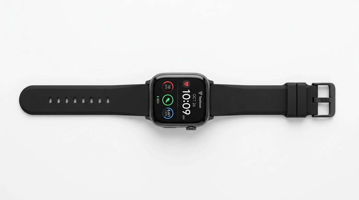 smart tech store Canada. premium tech accessories Canada. Techtron SWH21 (S53 / WATCH) Smart Watch. Gallery image 4. Lines name one specific SKU—never substitute a generic lookalike from the category. After review passes, each render should still read as a fresh studio viewpoint of that same physical unit.
