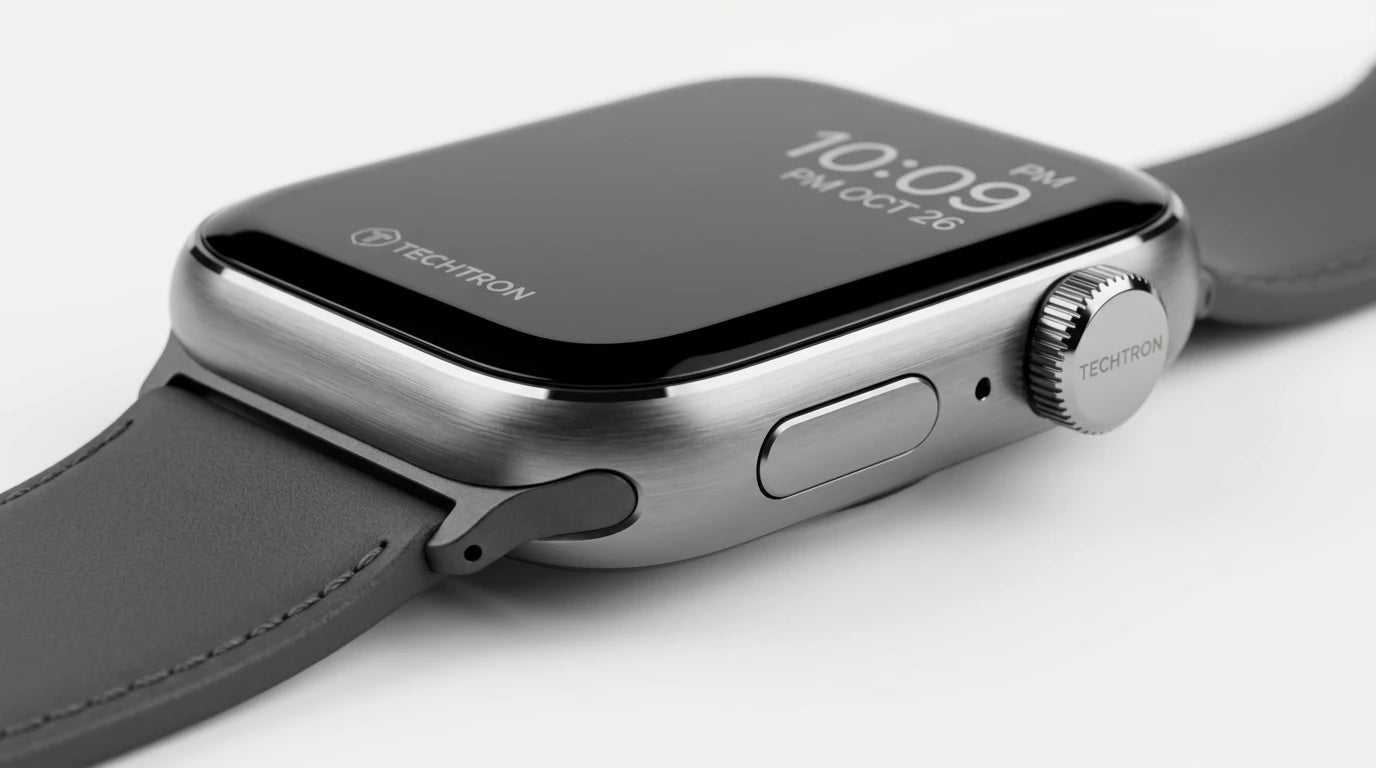 smart tech store Canada. premium tech accessories Canada. Techtron SWH21 (S53 / WATCH) Smart Watch. Gallery image 5. Lines name one specific SKU—never substitute a generic lookalike from the category. After review passes, each render should still read as a fresh studio viewpoint of that same physical unit.