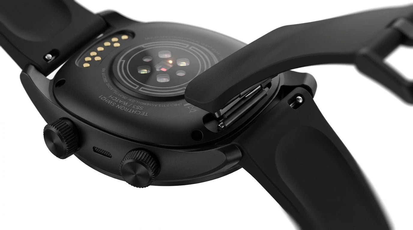 smart tech store Canada. premium tech accessories Canada. Techtron SWH21 (S53 / WATCH) Smart Watch. Gallery image 6. Lines name one specific SKU—never substitute a generic lookalike from the category. After review passes, each render should still read as a fresh studio viewpoint of that same physical unit.