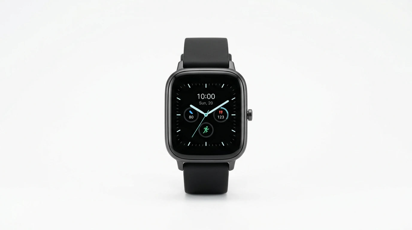 smart tech store Canada. premium tech accessories Canada. Techtron SWH36 (Z123 / Z137) Smart Watch. Gallery image 2. The smartwatch is centered in the frame against a seamless white background. It features a square black face with rounded corners, displaying the time "10:00" and the date "Sun, 20" in white text. Three circular icons indicate activity metrics, with numbers shown in contrasting colors: 80, 123, and a running figure.