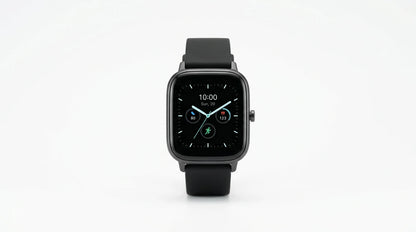 smart tech store Canada. premium tech accessories Canada. Techtron SWH36 (Z123 / Z137) Smart Watch. Gallery image 2. The smartwatch is centered in the frame against a seamless white background. It features a square black face with rounded corners, displaying the time "10:00" and the date "Sun, 20" in white text. Three circular icons indicate activity metrics, with numbers shown in contrasting colors: 80, 123, and a running figure.