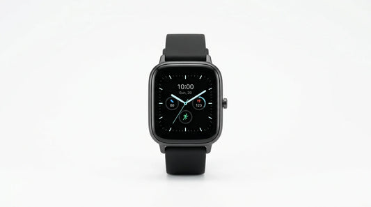 smart tech store Canada. premium tech accessories Canada. Techtron SWH36 (Z123 / Z137) Smart Watch. Gallery image 2. The smartwatch is centered in the frame against a seamless white background. It features a square black face with rounded corners, displaying the time "10:00" and the date "Sun, 20" in white text. Three circular icons indicate activity metrics, with numbers shown in contrasting colors: 80, 123, and a running figure.