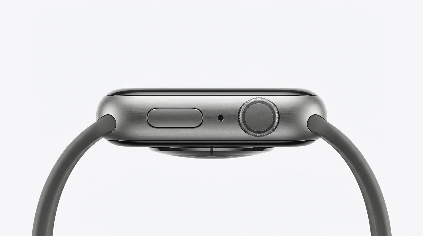 smart tech store Canada. premium tech accessories Canada. Techtron SWH36 (Z123 / Z137) Smart Watch. Gallery image 3. The image shows a smartwatch viewed from the side, centered against a seamless white background. The watch features a sleek, brushed metal body with a smooth, rounded edge. On the left side, there is a button and a small microphone hole, while the right side displays a prominent, textured crown. The watch strap is a matte grey silicone that curves gently away from the device.