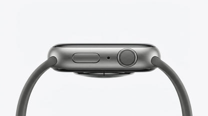 smart tech store Canada. premium tech accessories Canada. Techtron SWH36 (Z123 / Z137) Smart Watch. Gallery image 3. The image shows a smartwatch viewed from the side, centered against a seamless white background. The watch features a sleek, brushed metal body with a smooth, rounded edge. On the left side, there is a button and a small microphone hole, while the right side displays a prominent, textured crown. The watch strap is a matte grey silicone that curves gently away from the device.