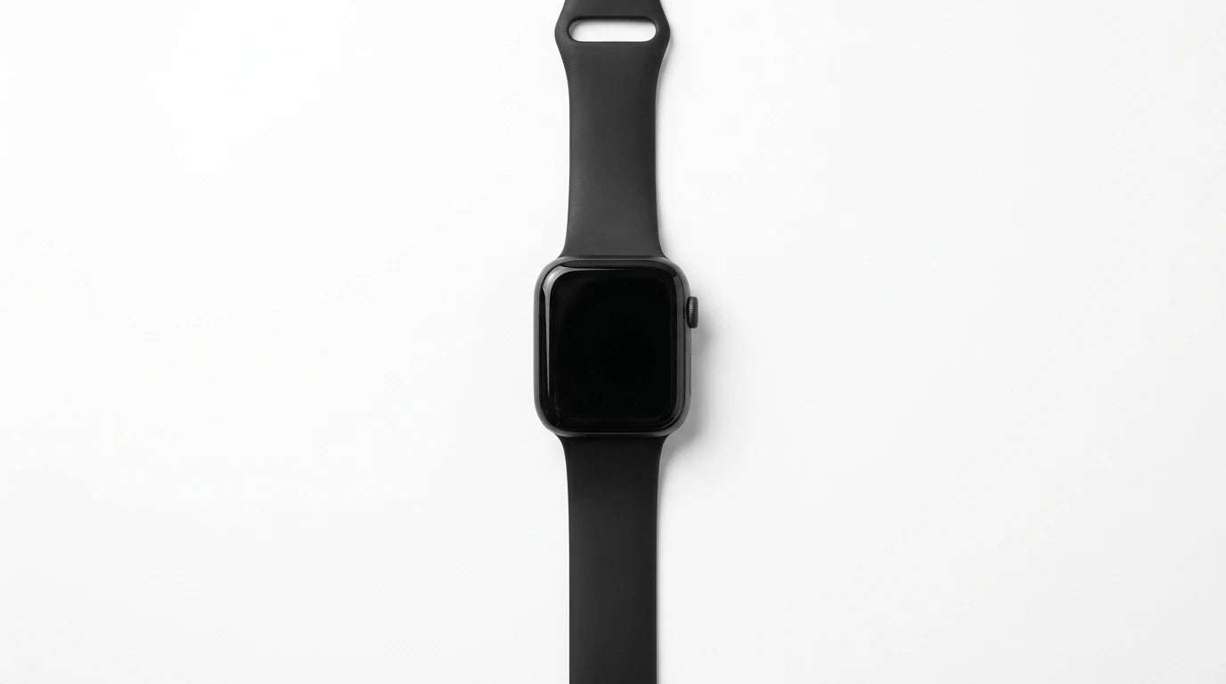 smart tech store Canada. premium tech accessories Canada. Techtron SWH36 (Z123 / Z137) Smart Watch. Gallery image 4. The image features a black smartwatch positioned centrally against a seamless white background. The watch has a rectangular face with rounded corners, and its display is turned off, appearing as a solid black surface. The strap is made of a matte black material, extending horizontally from the watch face.