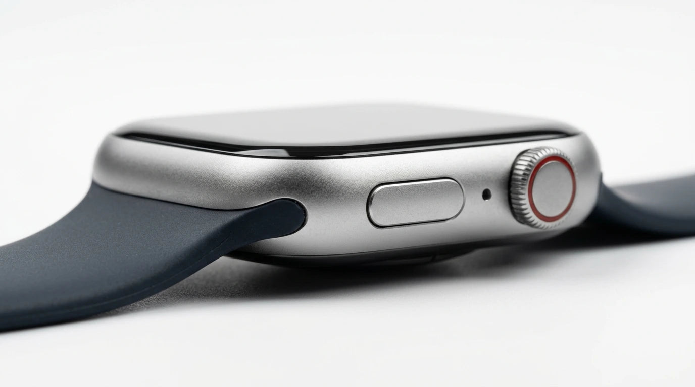 smart tech store Canada. premium tech accessories Canada. Techtron SWH36 (Z123 / Z137) Smart Watch. Gallery image 5. The image shows a smartwatch positioned at an angle, with a close-up view of its side. The watch features a sleek silver metal body and a dark blue silicone strap that curves gently away from the watch face. The screen is black and glossy, reflecting light softly. On the side, there is a prominent round button with a red accent and a textured crown, alongside a smaller button.