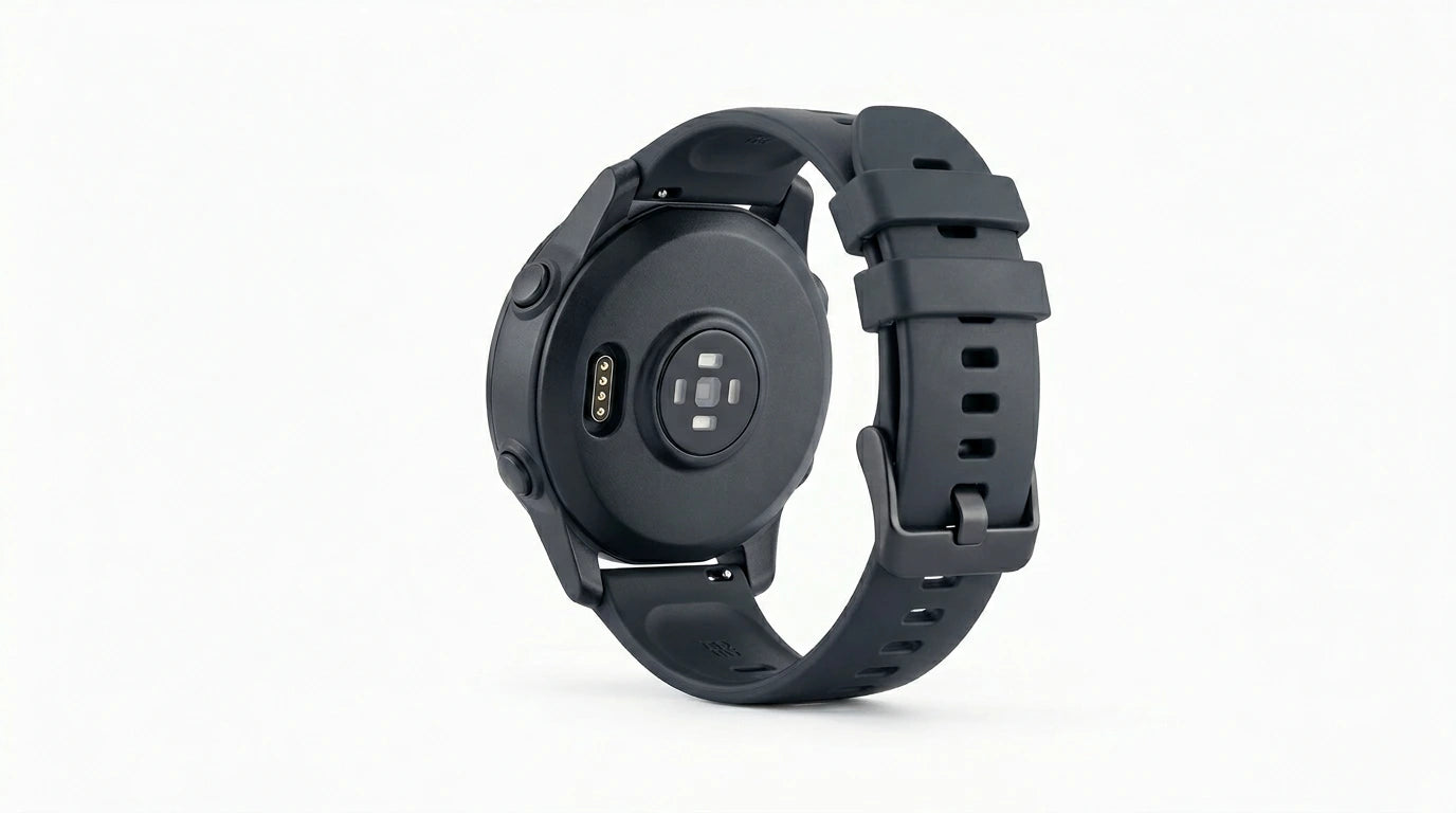 smart tech store Canada. premium tech accessories Canada. Techtron SWH36 (Z123 / Z137) Smart Watch. Gallery image 6. The image shows a black smartwatch positioned at a slight angle, revealing its back side. The watch features a smooth, matte finish with a circular design and a textured strap that has multiple adjustment holes. On the back, there are several sensors and a charging port, which are clearly visible.