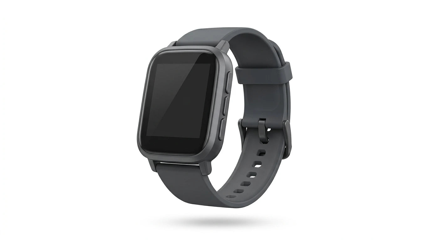 smart tech store Canada. premium tech accessories Canada. Techtron SWH36 (Z123 / Z137) Smart Watch. Gallery image 7. The smartwatch is positioned at a slight angle, showcasing its rectangular face and gray silicone strap. The screen is dark and unlit, with a smooth, glossy surface. The body features rounded edges and a metallic trim, while the strap has multiple holes for adjustability. The background is a seamless white, emphasizing the watch's design.