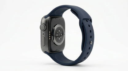 smart tech store Canada. premium tech accessories Canada. Techtron SWH36 (Z123 / Z137) Smart Watch. Gallery image 8. The smartwatch is displayed at a slight angle, showcasing its side profile against a seamless white background. The body is a sleek black with a matte finish, and it features a round sensor area on the back. A navy blue silicone strap wraps around the wrist, with several holes for adjustment. The side of the watch includes a prominent round button and a smaller button below it.