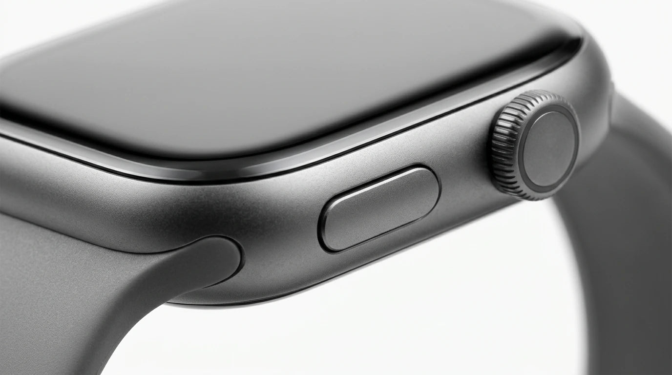 smart tech store Canada. premium tech accessories Canada. Techtron SWH36 (Z123 / Z137) Smart Watch. Gallery image 9. The image shows a close-up view of a sleek, dark gray smartwatch positioned at an angle, highlighting its rounded edges and smooth surface. The watch face is black and glossy, reflecting light softly. On the right side, there are two physical buttons: a round, textured crown and a rectangular button, both seamlessly integrated into the design.