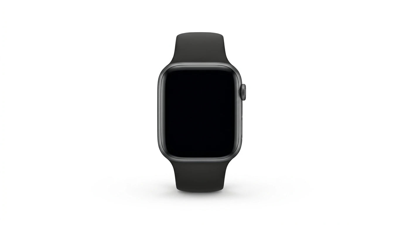 smart tech store Canada. premium tech accessories Canada. Techtron SWH36 (Z123 / Z137) Smart Watch. Gallery image 10. The smartwatch is centered in the frame, facing forward against a seamless white background. Its body is sleek and rectangular, featuring a matte black finish. The screen is dark and unlit, with a prominent round side button visible on the right edge. The strap is also black, made of a smooth material that appears flexible.