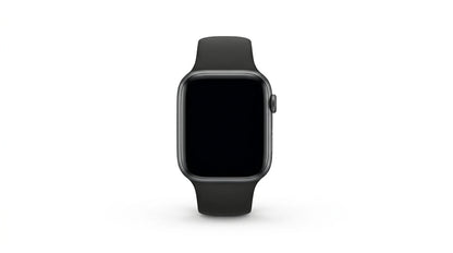 smart tech store Canada. premium tech accessories Canada. Techtron SWH36 (Z123 / Z137) Smart Watch. Gallery image 10. The smartwatch is centered in the frame, facing forward against a seamless white background. Its body is sleek and rectangular, featuring a matte black finish. The screen is dark and unlit, with a prominent round side button visible on the right edge. The strap is also black, made of a smooth material that appears flexible.