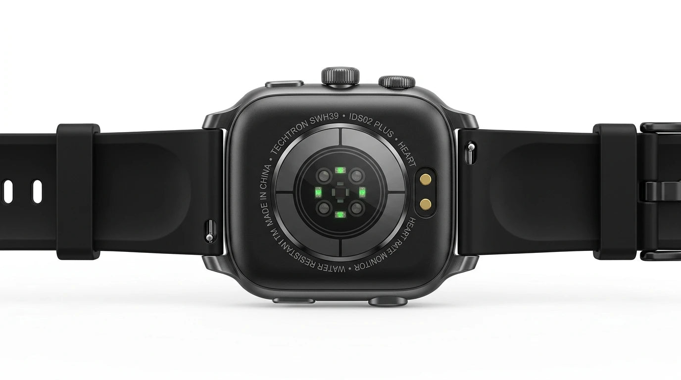 smart tech store Canada. premium tech accessories Canada. Techtron SWH39 (IDS02 Plus) Smart Watch. Gallery image 6. Rear or alternate angle showing any ports, hinges, or connectors visible in references. Seamless white studio backdrop with soft, even lighting and a gentle contact shadow. The unit shown matches Techtron SWH39 (IDS02 Plus) Smart Watch. Catalog studio frame 6 in the image series for this SKU.