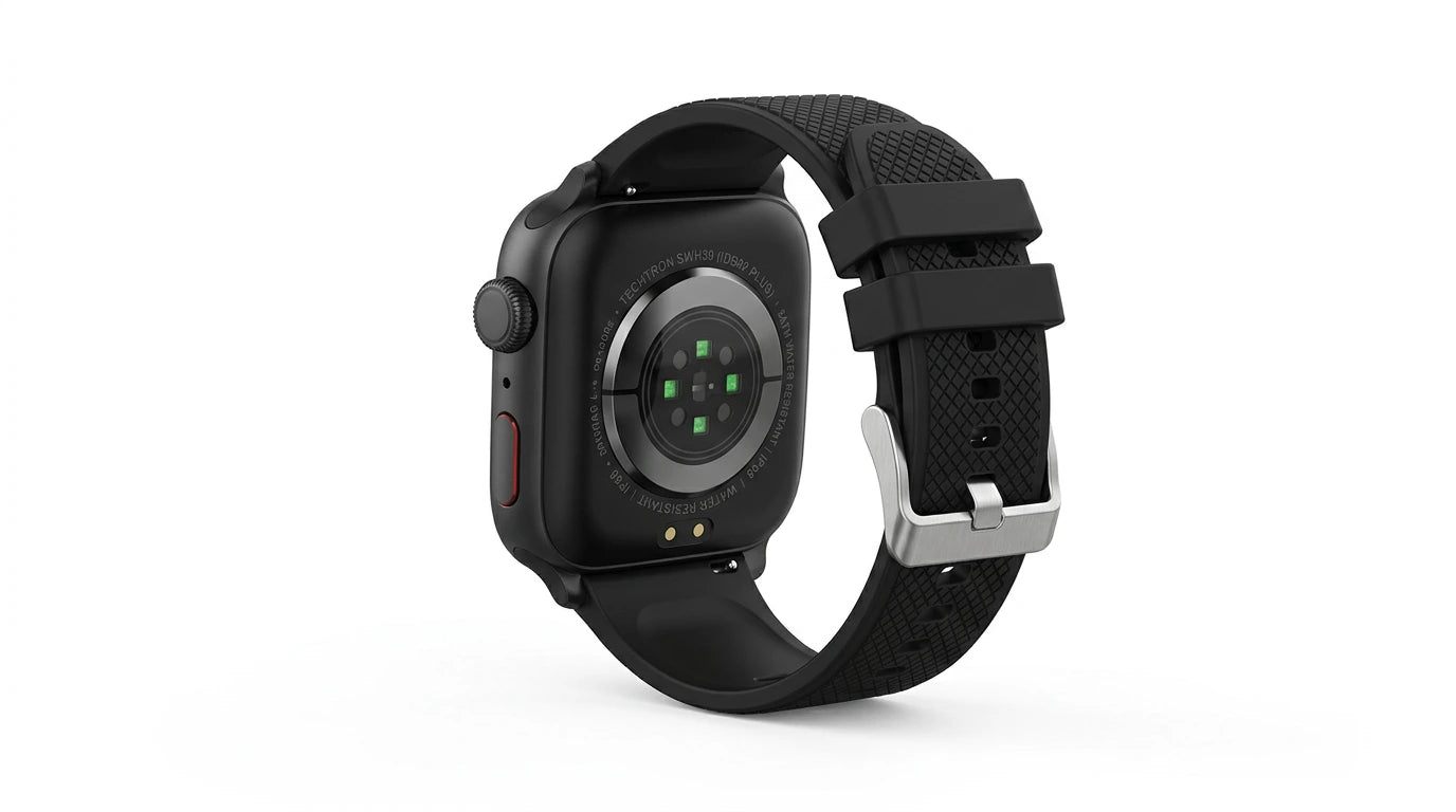 smart tech store Canada. premium tech accessories Canada. Techtron SWH39 (IDS02 Plus) Smart Watch. Gallery image 8. Opposite 3/4 view from the main reference for variety. Seamless white studio backdrop with soft, even lighting and a gentle contact shadow. The unit shown matches Techtron SWH39 (IDS02 Plus) Smart Watch. Catalog studio frame 8 in the image series for this SKU.