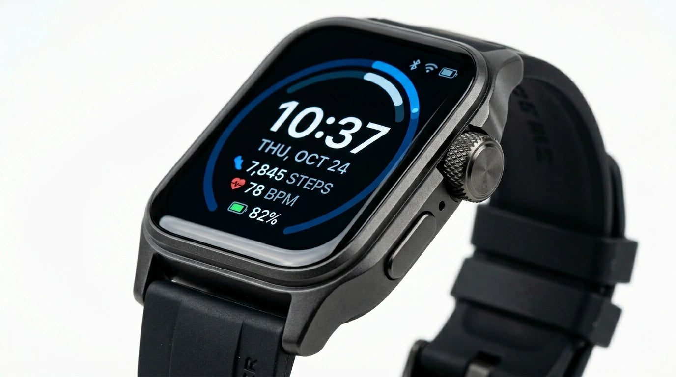 smart tech store Canada. premium tech accessories Canada. Techtron SWH39 (IDS02 Plus) Smart Watch. Gallery image 9. Close crop on distinctive feature (controls, display, connector, or texture). Seamless white studio backdrop with soft, even lighting and a gentle contact shadow. The unit shown matches Techtron SWH39 (IDS02 Plus) Smart Watch. Catalog studio frame 9 in the image series for this SKU.