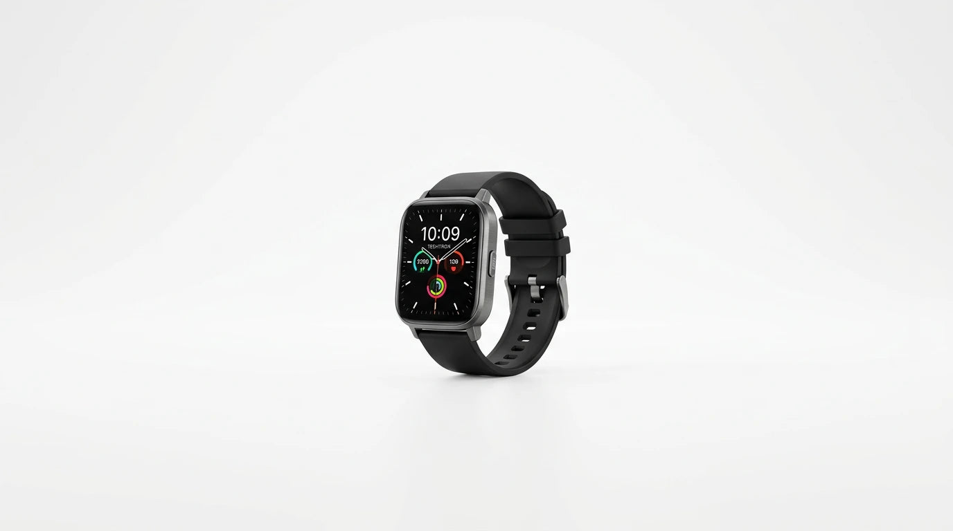 smart tech store Canada. premium tech accessories Canada. Techtron SWH39 (IDS02 Plus) Smart Watch. Gallery image 10. Wide establishing shot, product centered with breathing room, subtle floor shadow. Seamless white studio backdrop with soft, even lighting and a gentle contact shadow. The unit shown matches Techtron SWH39 (IDS02 Plus) Smart Watch. Catalog studio frame 10 in the image series for this SKU.