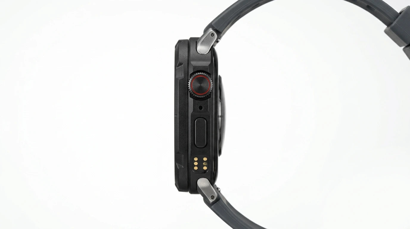 smart tech store Canada. premium tech accessories Canada. Techtron SWH46 (J126) Smart Watch. Gallery image 3. Lines name one specific SKU—never substitute a generic lookalike from the category. After review passes, each render should still read as a fresh studio viewpoint of that same physical unit.