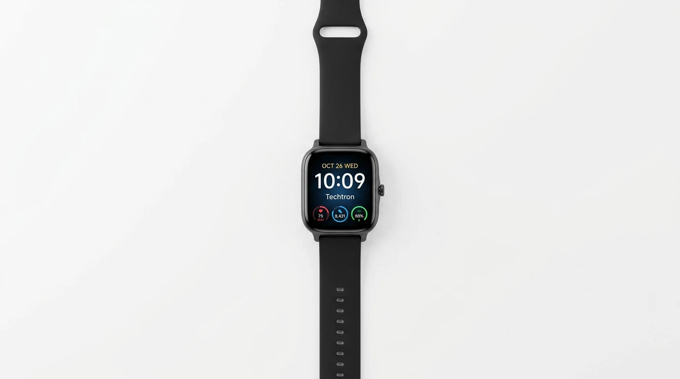 smart tech store Canada. premium tech accessories Canada. Techtron SWH46 (J126) Smart Watch. Gallery image 4. Lines name one specific SKU—never substitute a generic lookalike from the category. After review passes, each render should still read as a fresh studio viewpoint of that same physical unit.
