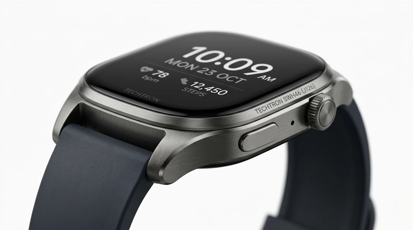smart tech store Canada. premium tech accessories Canada. Techtron SWH46 (J126) Smart Watch. Gallery image 5. Lines name one specific SKU—never substitute a generic lookalike from the category. After review passes, each render should still read as a fresh studio viewpoint of that same physical unit.