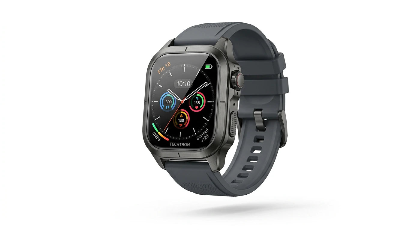 smart tech store Canada. premium tech accessories Canada. Techtron SWH46 (J126) Smart Watch. Gallery image 7. Lines name one specific SKU—never substitute a generic lookalike from the category. After review passes, each render should still read as a fresh studio viewpoint of that same physical unit.