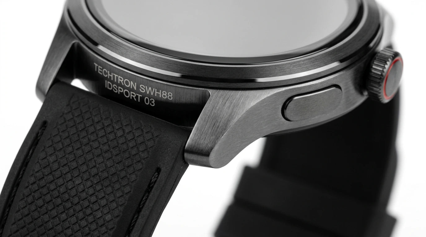 smart tech store Canada. premium tech accessories Canada. Techtron SWH88 (IDSPORT 03) Smart Watch. Gallery image 5. Lines name one specific SKU—never substitute a generic lookalike from the category. After review passes, each render should still read as a fresh studio viewpoint of that same physical unit.