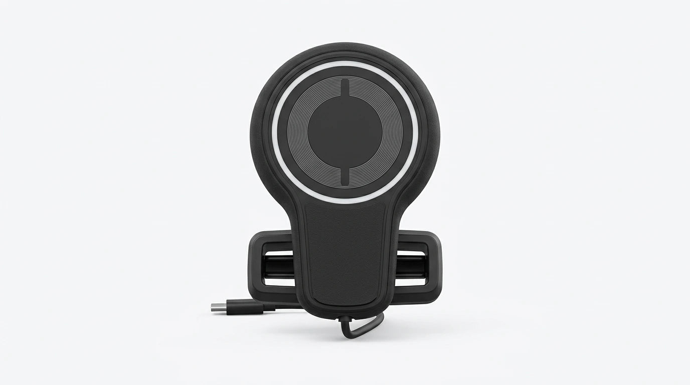 smart tech store Canada. premium tech accessories Canada. Techtron X73 15W Magsafe Charger and Car Mount Black. Gallery image 2. Lines name one specific SKU—never substitute a generic lookalike from the category. After review passes, each render should still read as a fresh studio viewpoint of that same physical unit.