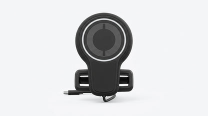 smart tech store Canada. premium tech accessories Canada. Techtron X73 15W Magsafe Charger and Car Mount Black. Gallery image 2. Lines name one specific SKU—never substitute a generic lookalike from the category. After review passes, each render should still read as a fresh studio viewpoint of that same physical unit.