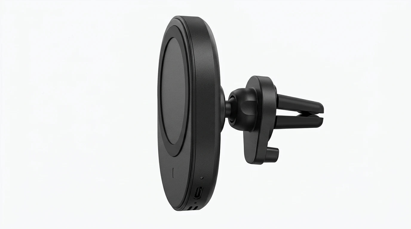 smart tech store Canada. premium tech accessories Canada. Techtron X73 15W Magsafe Charger and Car Mount Black. Gallery image 3. Lines name one specific SKU—never substitute a generic lookalike from the category. After review passes, each render should still read as a fresh studio viewpoint of that same physical unit.