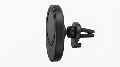 smart tech store Canada. premium tech accessories Canada. Techtron X73 15W Magsafe Charger and Car Mount Black. Gallery image 3. Lines name one specific SKU—never substitute a generic lookalike from the category. After review passes, each render should still read as a fresh studio viewpoint of that same physical unit.