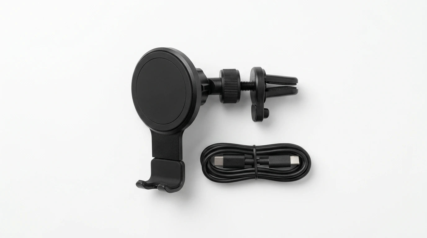 smart tech store Canada. premium tech accessories Canada. Techtron X73 15W Magsafe Charger and Car Mount Black. Gallery image 4. Lines name one specific SKU—never substitute a generic lookalike from the category. After review passes, each render should still read as a fresh studio viewpoint of that same physical unit.