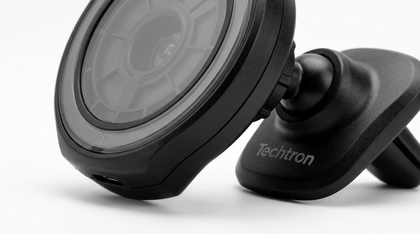 smart tech store Canada. premium tech accessories Canada. Techtron X73 15W Magsafe Charger and Car Mount Black. Gallery image 5. Lines name one specific SKU—never substitute a generic lookalike from the category. After review passes, each render should still read as a fresh studio viewpoint of that same physical unit.