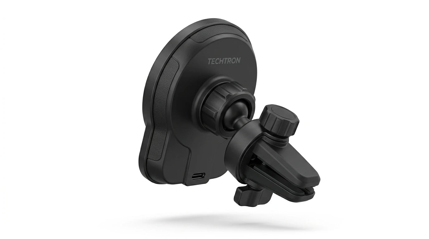 smart tech store Canada. premium tech accessories Canada. Techtron X73 15W Magsafe Charger and Car Mount Black. Gallery image 6. Lines name one specific SKU—never substitute a generic lookalike from the category. After review passes, each render should still read as a fresh studio viewpoint of that same physical unit.