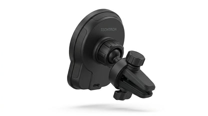smart tech store Canada. premium tech accessories Canada. Techtron X73 15W Magsafe Charger and Car Mount Black. Gallery image 6. Lines name one specific SKU—never substitute a generic lookalike from the category. After review passes, each render should still read as a fresh studio viewpoint of that same physical unit.