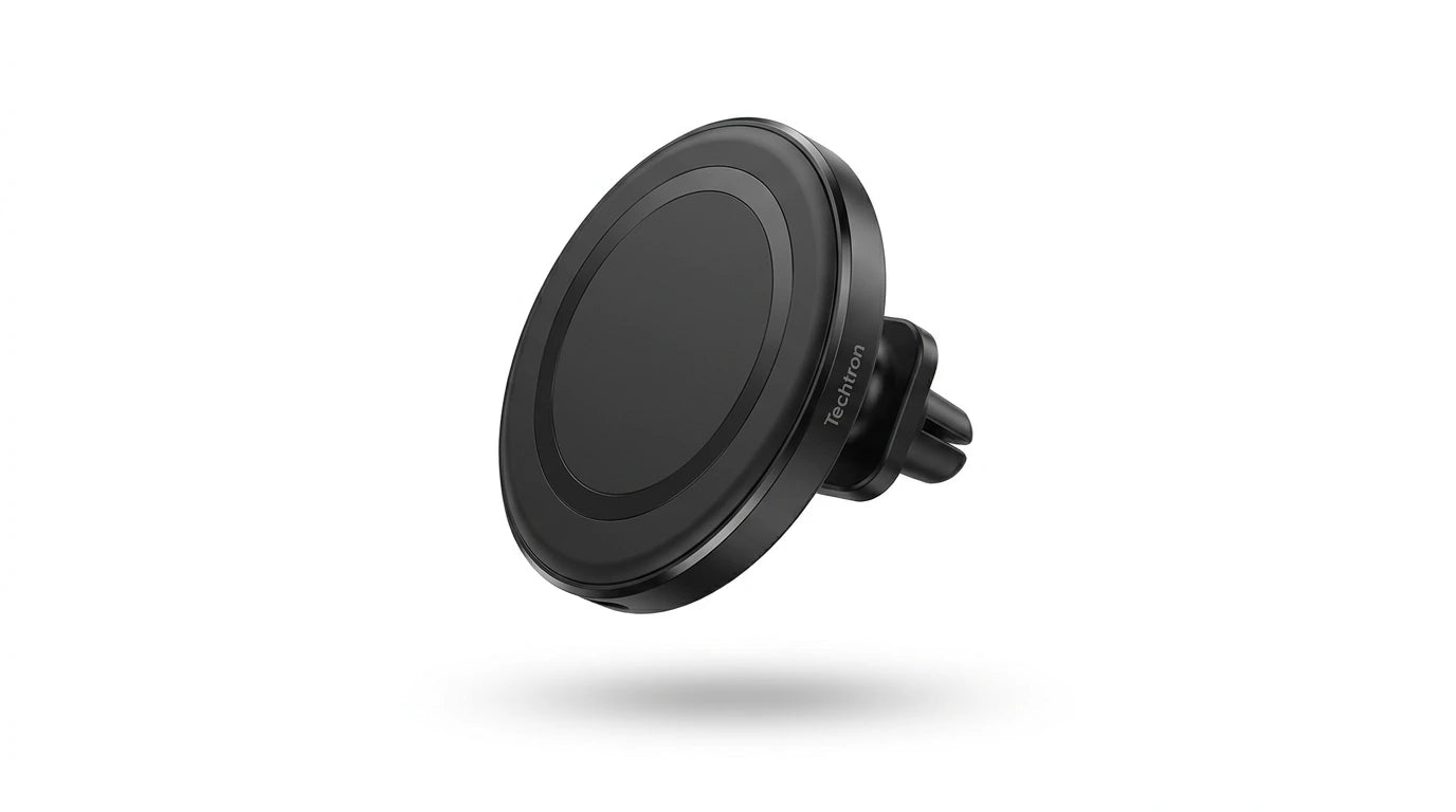 smart tech store Canada. premium tech accessories Canada. Techtron X73 15W Magsafe Charger and Car Mount Black. Gallery image 7. Lines name one specific SKU—never substitute a generic lookalike from the category. After review passes, each render should still read as a fresh studio viewpoint of that same physical unit.