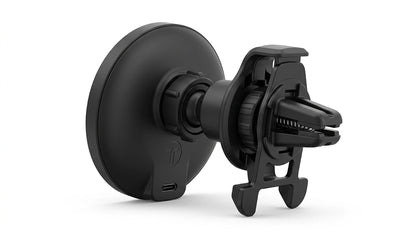 smart tech store Canada. premium tech accessories Canada. Techtron X73 15W Magsafe Charger and Car Mount Black. Gallery image 8. Lines name one specific SKU—never substitute a generic lookalike from the category. After review passes, each render should still read as a fresh studio viewpoint of that same physical unit.