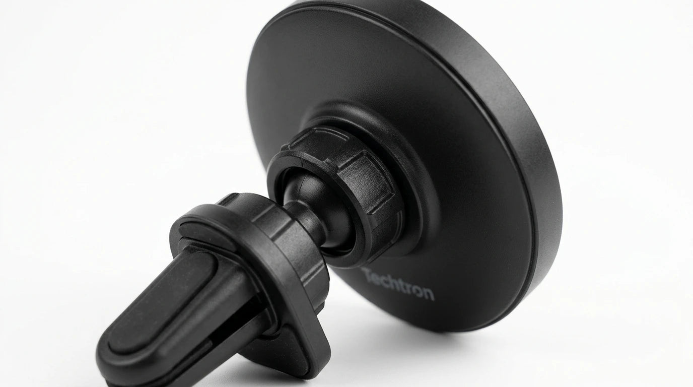 smart tech store Canada. premium tech accessories Canada. Techtron X73 15W Magsafe Charger and Car Mount Black. Gallery image 9. Lines name one specific SKU—never substitute a generic lookalike from the category. After review passes, each render should still read as a fresh studio viewpoint of that same physical unit.