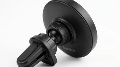 smart tech store Canada. premium tech accessories Canada. Techtron X73 15W Magsafe Charger and Car Mount Black. Gallery image 9. Lines name one specific SKU—never substitute a generic lookalike from the category. After review passes, each render should still read as a fresh studio viewpoint of that same physical unit.