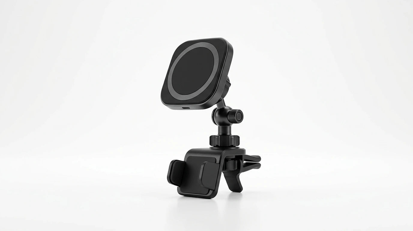smart tech store Canada. premium tech accessories Canada. Techtron X73 15W Magsafe Charger and Car Mount Black. Gallery image 10. Lines name one specific SKU—never substitute a generic lookalike from the category. After review passes, each render should still read as a fresh studio viewpoint of that same physical unit.