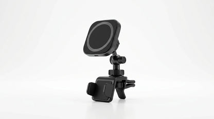 smart tech store Canada. premium tech accessories Canada. Techtron X73 15W Magsafe Charger and Car Mount Black. Gallery image 10. Lines name one specific SKU—never substitute a generic lookalike from the category. After review passes, each render should still read as a fresh studio viewpoint of that same physical unit.