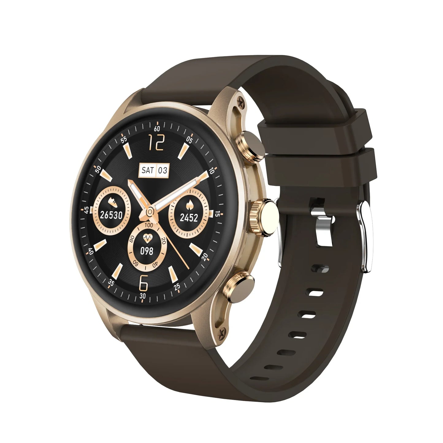 future tech gadgets Canada. smart tech store Canada. Techtron FAMO63 Fashion Smart Watch. Gallery image 3. The smartwatch is positioned at a slight angle, showcasing its round face and gold-tone bezel against a black background. The watch features a dark brown silicone strap with multiple adjustment holes, secured with a silver buckle.